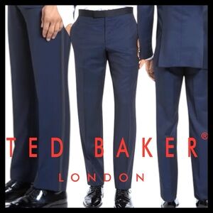 New Ted Baker Classic Blue Wool Taper Leg Tuxedo Pant (36)